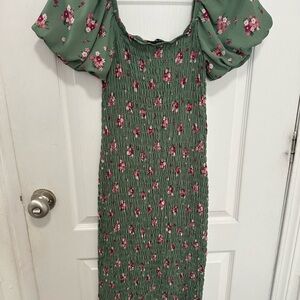 Trixxi Olive Green Floral Smocked Midi Dress